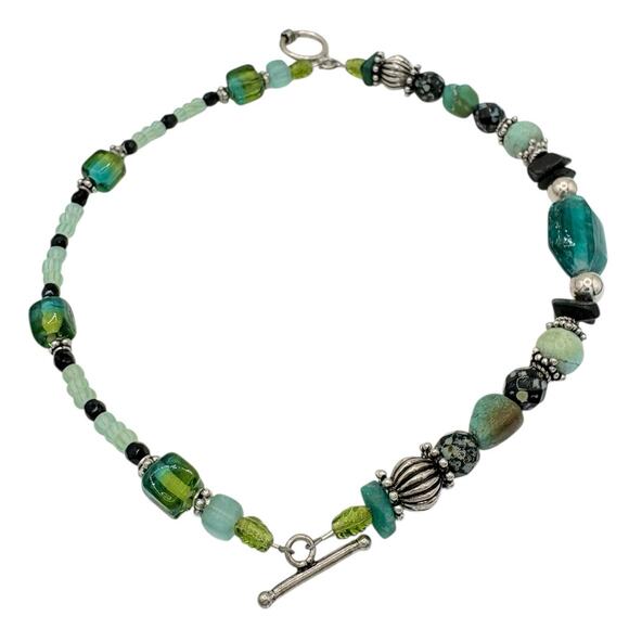 Artisan Green Gemstone Bracelet, Turquoise, Lampwork Glass, Silver,Double Strand - Picture 7 of 7
